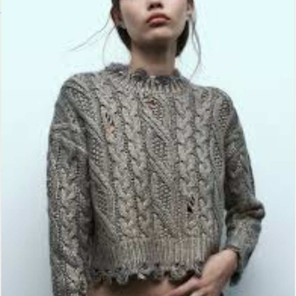 ZARA WOMAN CABLE-KNIT METALLIC SWEATER FRAYED RIPPED